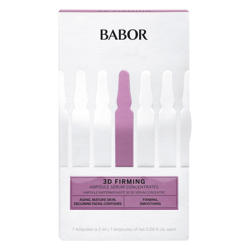 Schachtel mit sieben weißen Ampullen für ein straffendes Serum, deutlich mit "3D FIRMING" beschriftet.