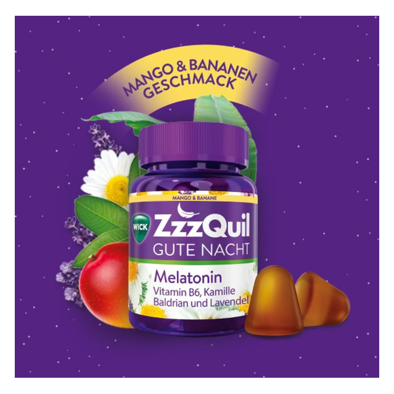Lila Flasche ZzzQuil Gute Nacht mit Mango- und Bananengeschmack, Melatonin und Kräuterzutaten auf buntem Hintergrund.
