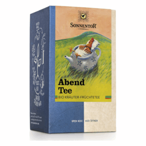Verpackung von Sonnenstor Abendtee mit einer Teekanne und einer Henne auf der Vorderseite, biologischer Kräuter-Früchtetee.