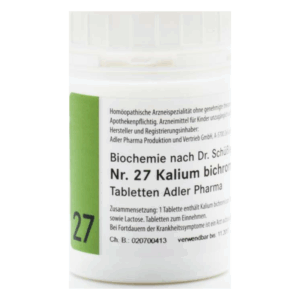 Weißer Behälter mit grünem Deckel, beschriftet mit "Biochemie nach Dr. Schüßler Nr. 27 Kalium bichromicum"