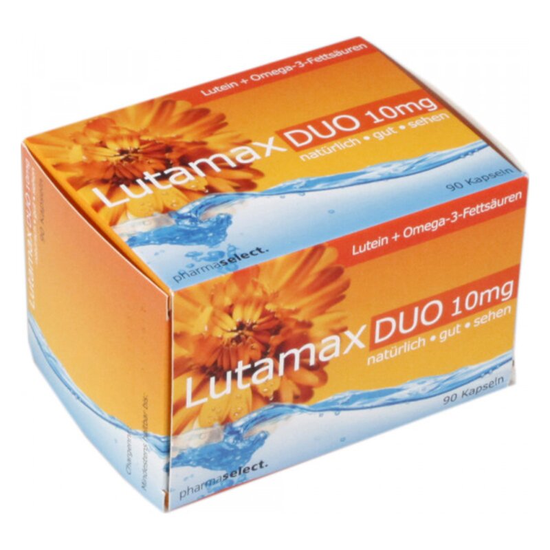 Verpackung von Lutamax DUO 10mg, einer Nahrungsergänzung mit Lutein und Omega-3-Fettsäuren, in buntem Design.