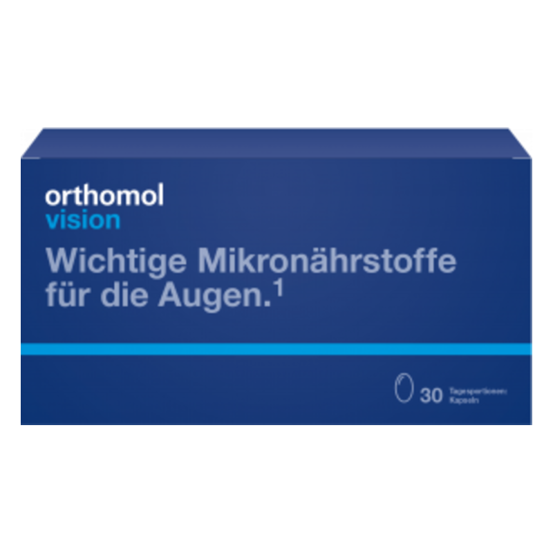 Packung orthomol vision mit blauem Design, Hinweis auf Mikronährstoffe für die Augen und 30 Kapseln.