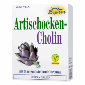 Verpackung von Artischocken-Cholin Kapseln mit Abbildung einer Artischocke, Hinweis auf vegan und Inhaltsstoffe.