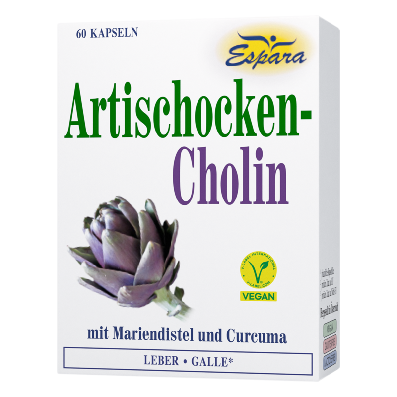 Verpackung von Artischocken-Cholin Kapseln mit Abbildung einer Artischocke, Hinweis auf vegan und Inhaltsstoffe.