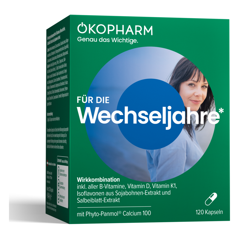 Verpackung eines Nahrungsergänzungsmittels für die Wechseljahre mit einer abgebildeten Frau und Inhaltsstoffen auf der Box.