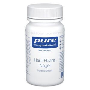 Weißer Behälter mit Schraubverschluss, beschriftet mit "Haut-Haare-Nägel" von Pure Encapsulations, für Nutrikosmetik.