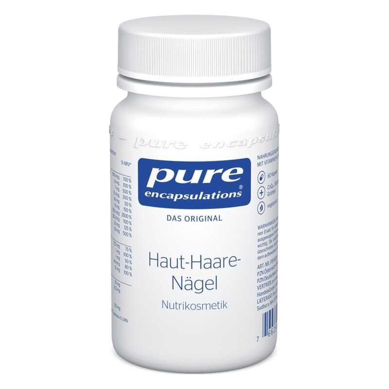 Weißer Behälter mit Schraubverschluss, beschriftet mit "Haut-Haare-Nägel" von Pure Encapsulations, für Nutrikosmetik.