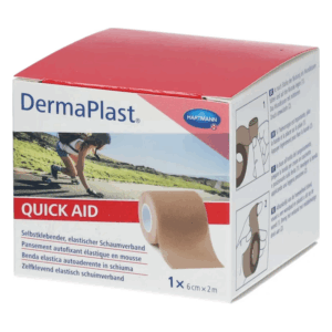 Verpackung eines selbstklebenden, elastischen Schaumverbandes in einer roten Box mit Anweisungen zur Anwendung.