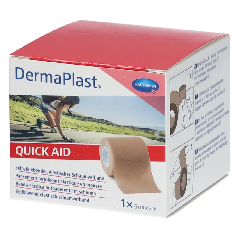 Verpackung eines selbstklebenden, elastischen Schaumverbandes in einer roten Box mit Anweisungen zur Anwendung.