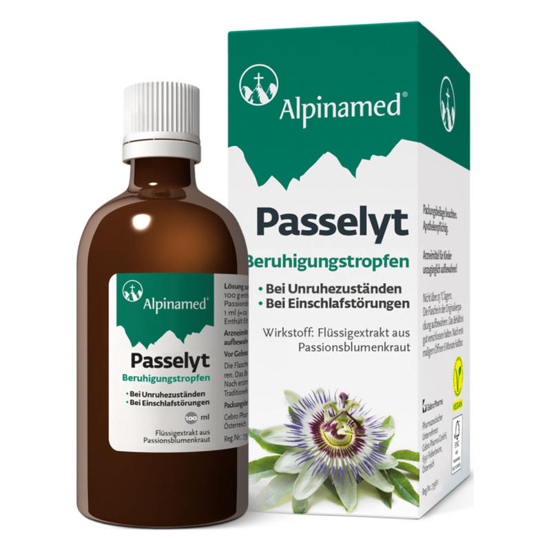 Braunes Fläschchen mit Beruhigungstropfen "Passelyt" und einer Verpackung mit grüner Schrift und Passionsblume.