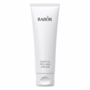 Weiße Tube mit Schraubverschluss, beschriftet mit "GENTLE PEELING CREAM" und dem Logo von BABOR.