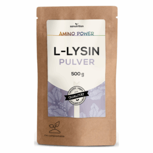 Verpackung von L-Lysin Pulver in einem braunen, kompostierbaren Beutel mit einer Grafik und einem Qualitätssiegel.
