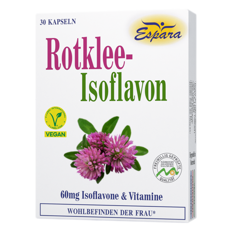Verpackung mit Rotklee-Isoflavonen in Kapseln, Hervorhebung der veganen und gesundheitsfördernden Eigenschaften.