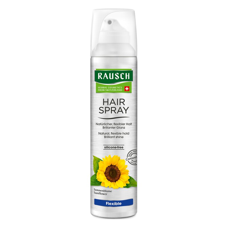 Sprühflasche Haarlack von Rausch mit silberner Verpackung und Sonnenblumenabbildung, silikonfrei, flexibler Halt.