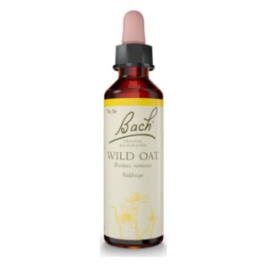 Flasche mit Bach-Blüte Wild Oat, braun mit einem schwarzen Deckel und einem rosa Pipettenverschluss, etikettiert in Creme und Gelb.