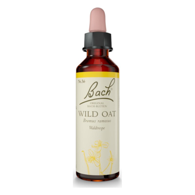 Flasche mit Bach-Blüte Wild Oat, braun mit einem schwarzen Deckel und einem rosa Pipettenverschluss, etikettiert in Creme und Gelb.