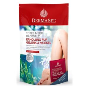 Verpackung von Dermasel Badesalz mit der Aufschrift "Erholung für Gelenk & Muskel"; enthält Tote Meer Salz und Essenzen.