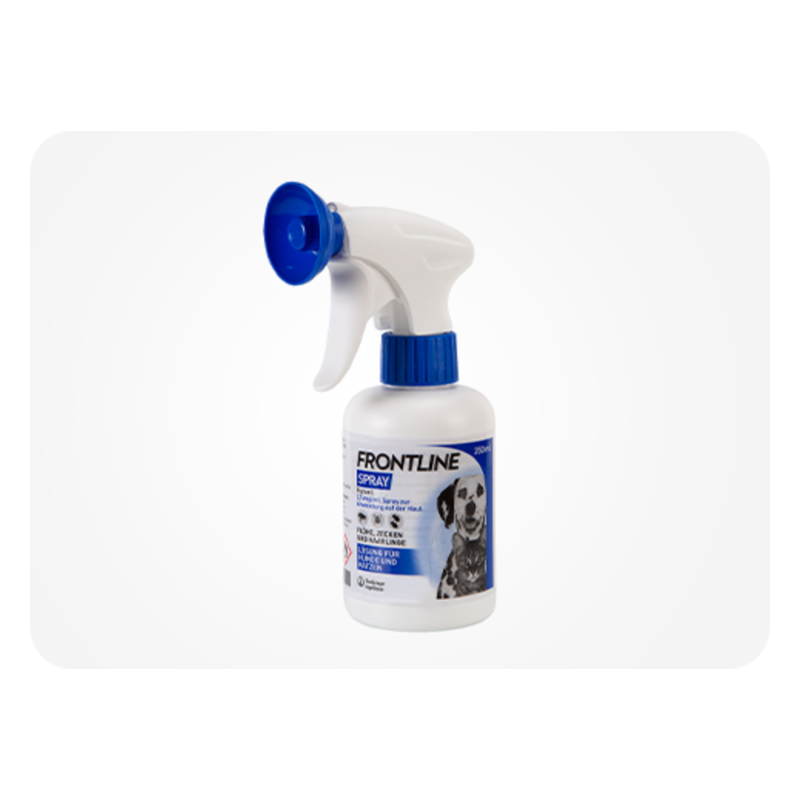Sprühflasche mit dem Produktnamen Frontline zur Bekämpfung von Flöhen und Zecken bei Hunden.