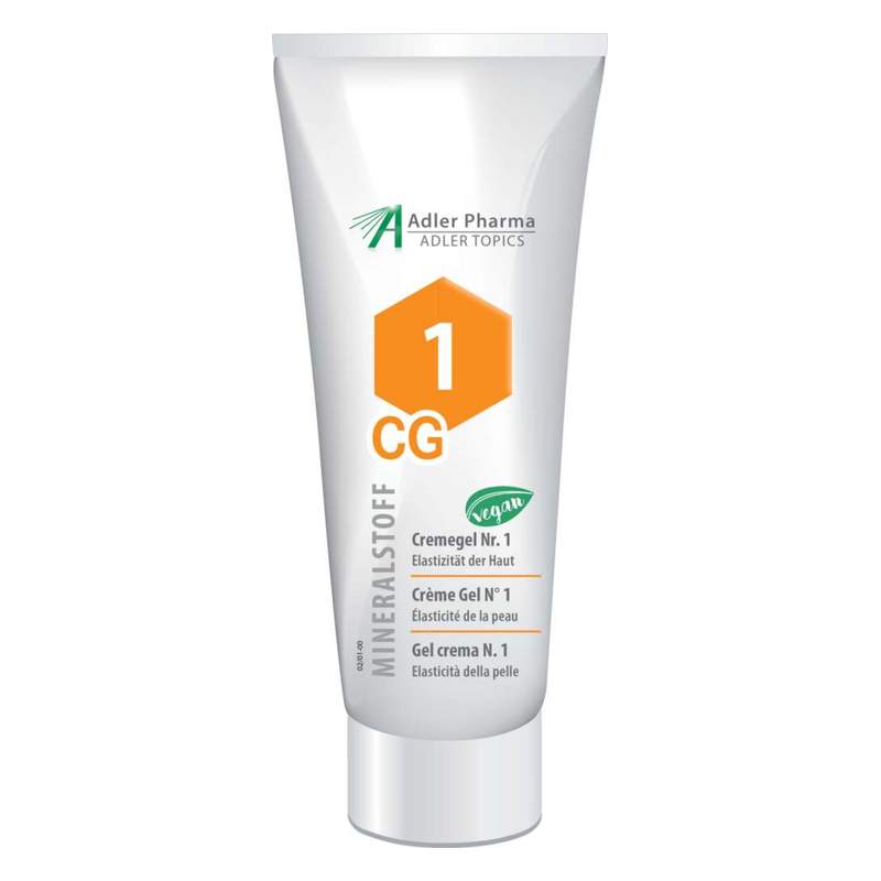 Tube mit Cremegel Nr. 1 für Hautelastizität, vegan, mit orangefarbenem Hexagon-Label und Information zur Anwendung.