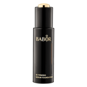Schwarze Flasche mit goldenen Akzenten, enthält ein Serum-Make-up von Babor, für ein straffendes Finish.