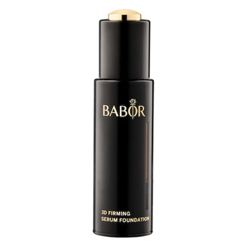 Schwarze Flasche mit goldenen Akzenten, enthält ein Serum-Make-up von Babor, für ein straffendes Finish.