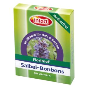 Verpackung von Salbei-Bonbons mit dem Hinweis "zuckerfrei" und Vitamin C in grüner Gestaltung.