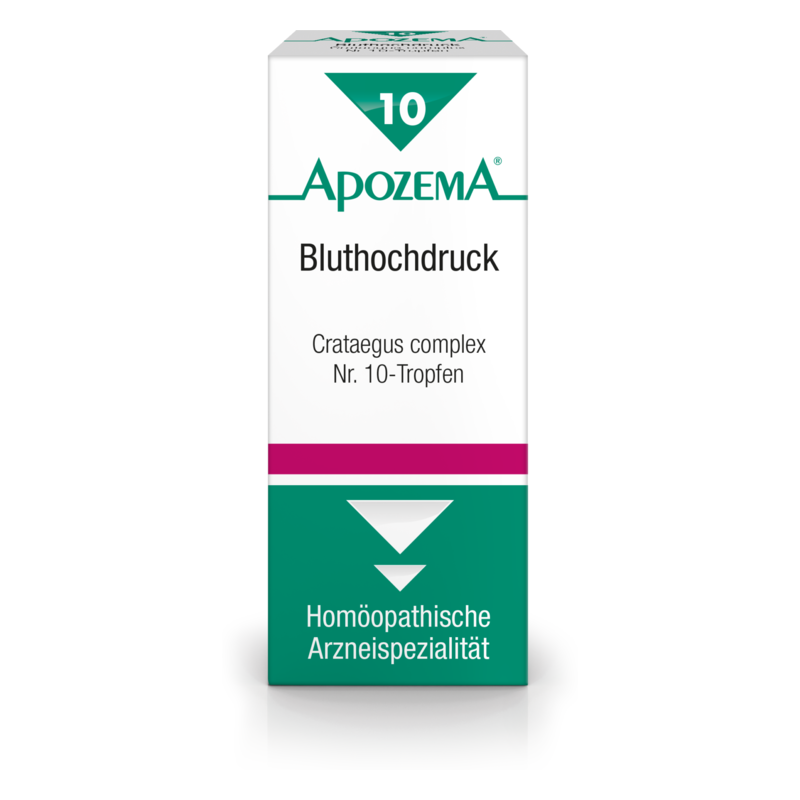 Verpackung für homöopathische Tropfen zur Behandlung von Bluthochdruck, grün und weiß mit Markennamen und Inhaltsangabe.