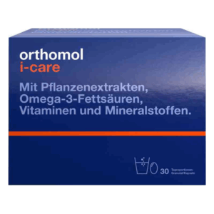 Blau-orange Packung von orthomol i-care mit Informationen zu Inhaltsstoffen wie Omega-3-Fettsäuren und Vitaminen.