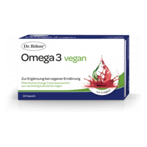 Verpackung von Dr. Böhm Omega 3 vegan Kapseln mit Beschreibung zur pflanzlichen Ergänzung bei veganer Ernährung.