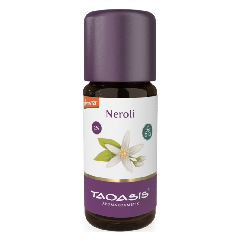 Braune Flasche mit lila Kappe, gefüllt mit Neroli-Öl und einem Bild einer Blüte, zertifiziert bio.