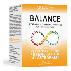 Verpackung einer Nahrungsergänzung mit Lecithin und Ginseng, beschriftet mit Anwendungshinweisen und Inhaltsstoffen.