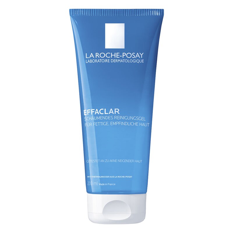 Blauer Tubenbehälter mit schäumendem Reinigungsgel für fettige, empfindliche Haut von La Roche-Posay.