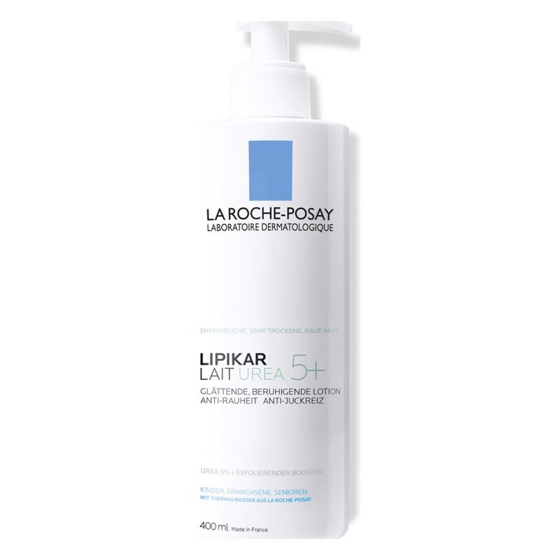 Flasche von La Roche-Posay Lipikar Lait Urea 5+, beruhigende Lotion für trockene Haut mit Pumpverschluss.