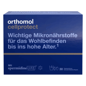 Blaue Verpackung von Orthomol cellprotect mit Informationen zu Mikronährstoffen für das Wohlbefinden im Alter.