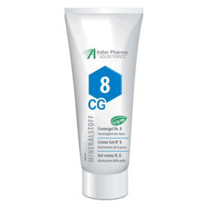 Kunststofftube mit Feuchtigkeit spendendem Cremegel Nr. 8 von Adler Pharma, vegan, in hellen Farben gehalten.