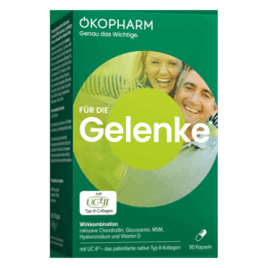 Verpackung eines Nahrungsergänzungsmittels für Gelenke mit Kapseln, enthält wichtige Nährstoffe wie Chondroitin und Glucosamin.