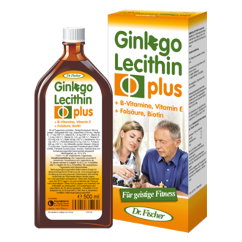 Flasche Ginkgo Lecithin plus mit Karton, enthält B-Vitamine, Vitamin E, Folsäure, Biotin für geistige Fitness.