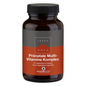 Eine dunkle Glasflasche mit schwarzem Deckel, gefüllt mit pränatalen Multivitaminkapseln von Terra Nova.