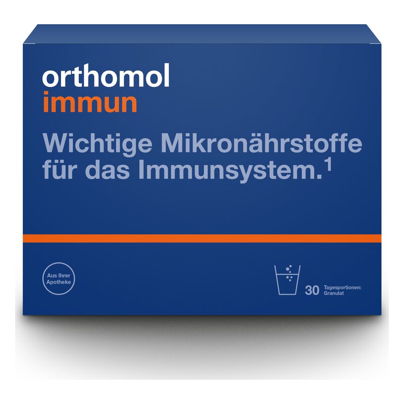 Paket von orthomol immun mit der Aufschrift "Wichtige Mikronährstoffe für das Immunsystem" und einem Glas Wasser-Symbol.
