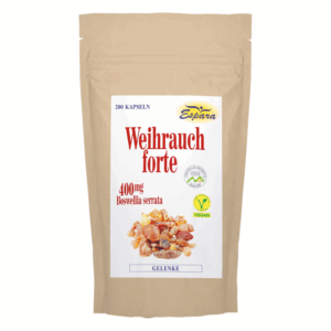 Braune Verpackung für Weihrauch forte Kapseln mit 400mg Boswellia serrata, vegan, für Gelenke.