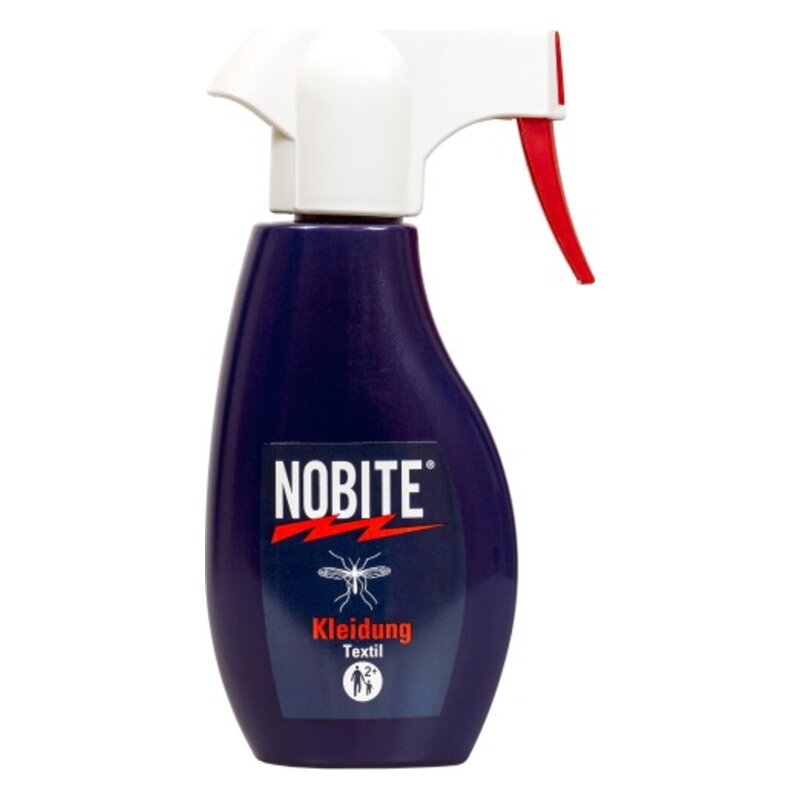 Sprühflasche von NOBITE für Textilien, mit rotem Sprühkopf und schwarzem Etikett.
