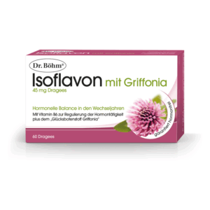 Verpackung von Dr. Böhm Isoflavon mit Griffonia, 60 Dragees für hormonelle Balance in den Wechseljahren.