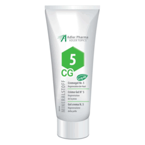 Tube mit Cremegel Nr. 5 für die Hautregeneration, vegan, mit grüner Hexagon-Darstellung und mehrsprachigen Angaben.