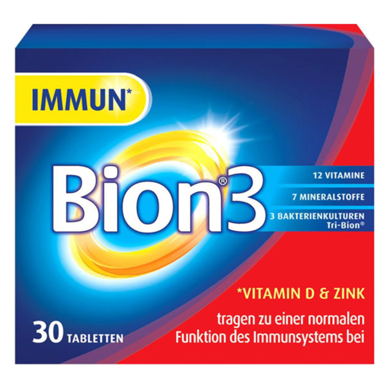 Verpackung von Bion3 Nahrungsergänzungsmitteln mit Fokussierung auf Immunfunktion, enthält 12 Vitamine und 7 Mineralstoffe.