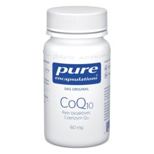 Weißes Pillenfläschchen mit blauer Aufschrift, das Coenzym Q10 in 60 mg enthält.