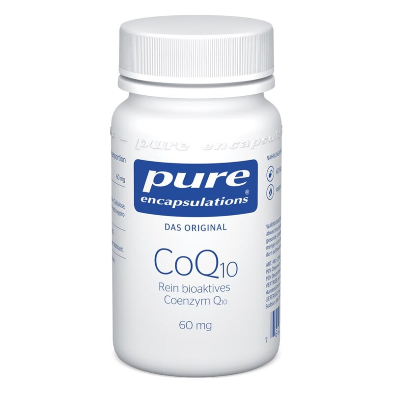 Weißes Pillenfläschchen mit blauer Aufschrift, das Coenzym Q10 in 60 mg enthält.