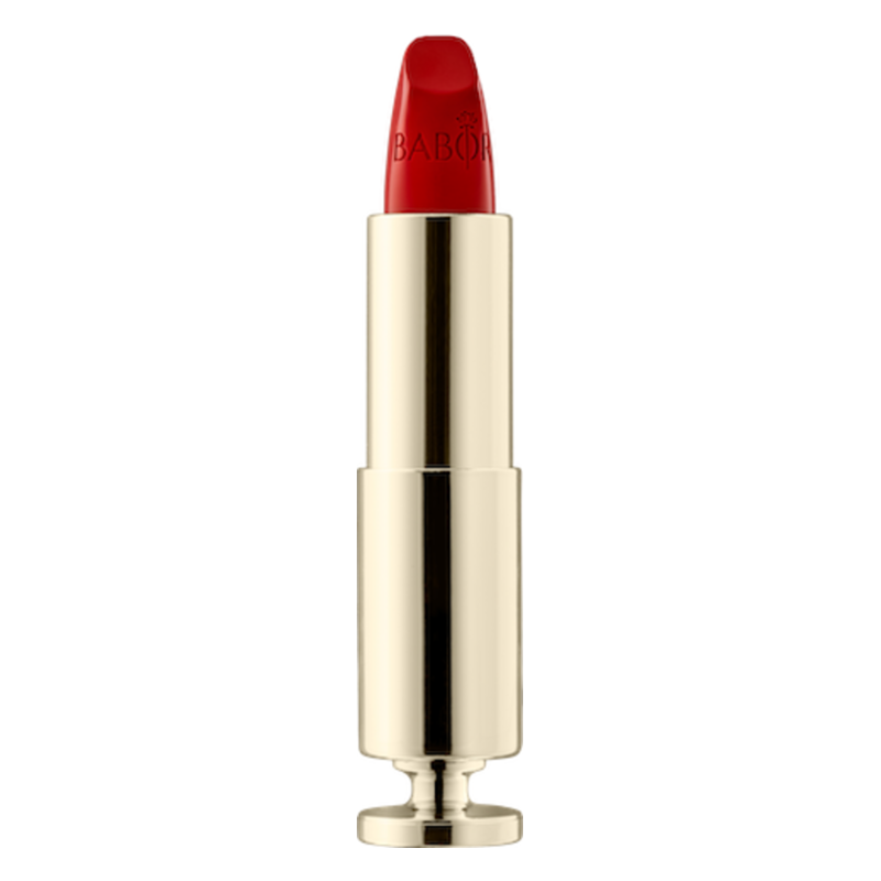 Roter Lippenstift in goldfarbener Verpackung mit eingraviertem Logo.