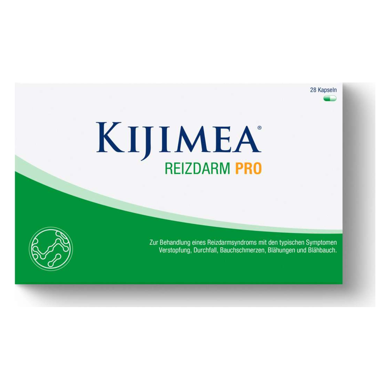 Verpackung von Kijimea Reizdarm Pro, представлен mit einem grünen und weißen Design, 28 Kapseln zur Behandlung von Reizdarmsyndrom-Symptomen.