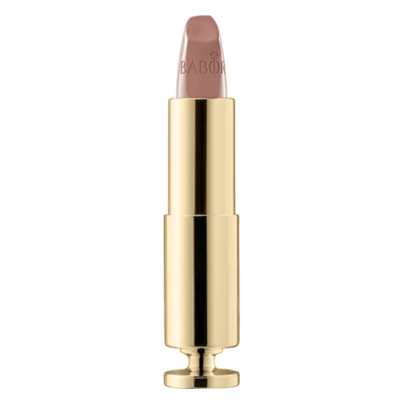 Lipstick in goldfarbener Hülse mit rosa-nudefarbenem Lippenstift und eingraviertem Logo.