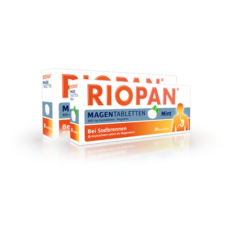 Verpackung von Riopan Magentabletten mit der Geschmacksrichtung Mint, zur Linderung von Sodbrennen.